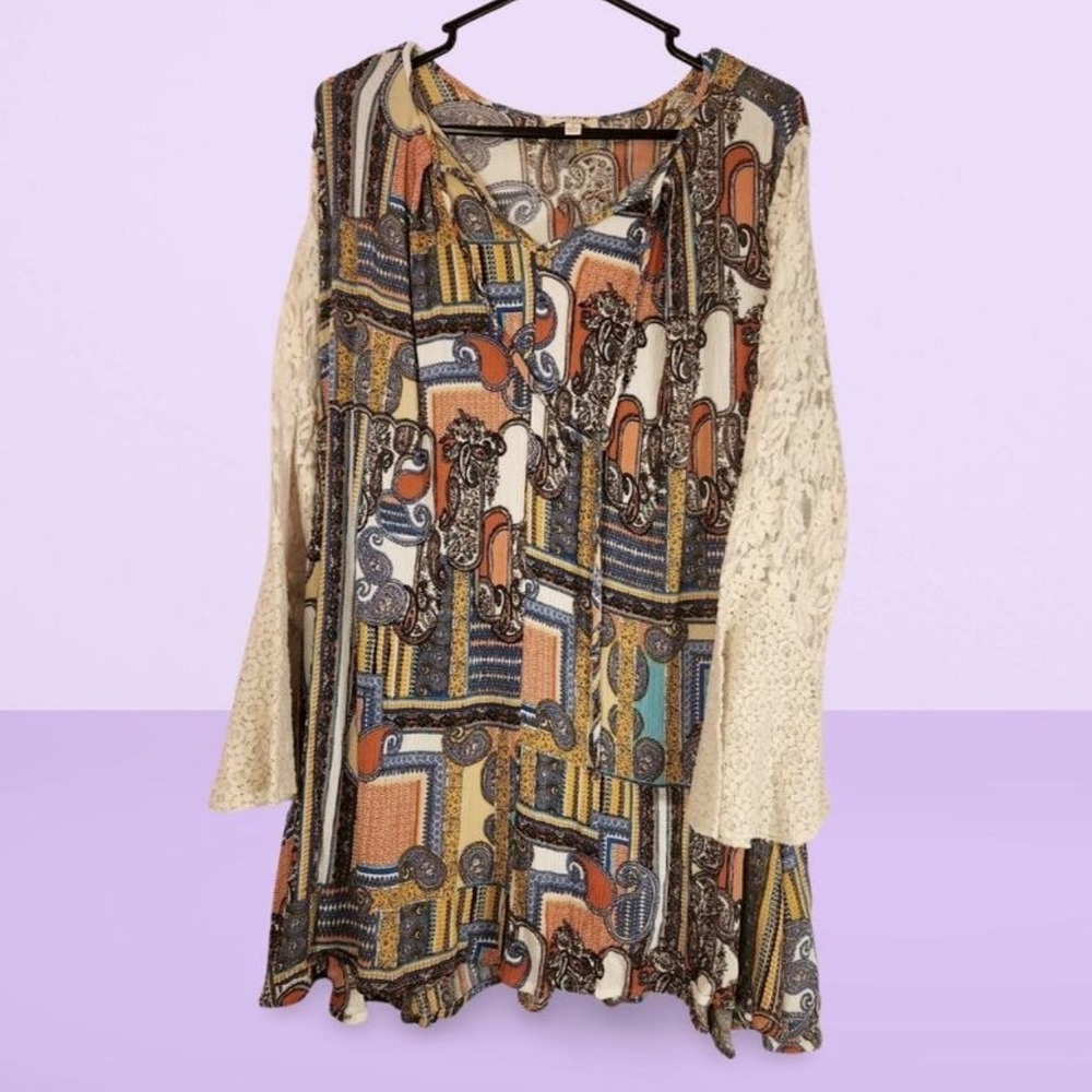 Umgee USA Paisley Lace Sleeve Tunic Dress Boho Festival Women's Size L - Picture 1 of 3